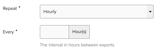 Data export scheduler repeat settings showing an hourly repeat