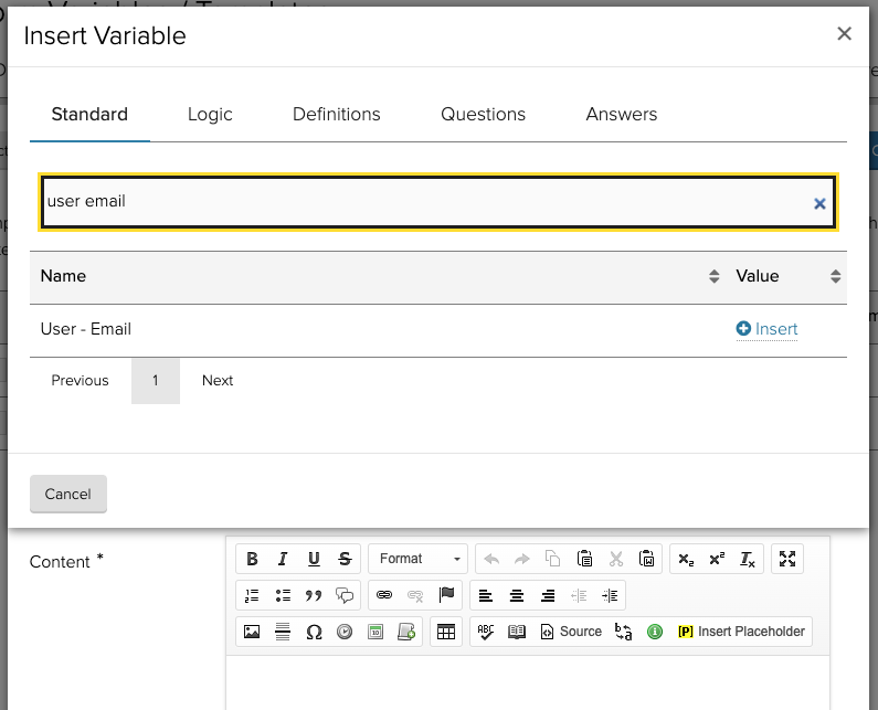 Insert placeholder modal over the send email template modal