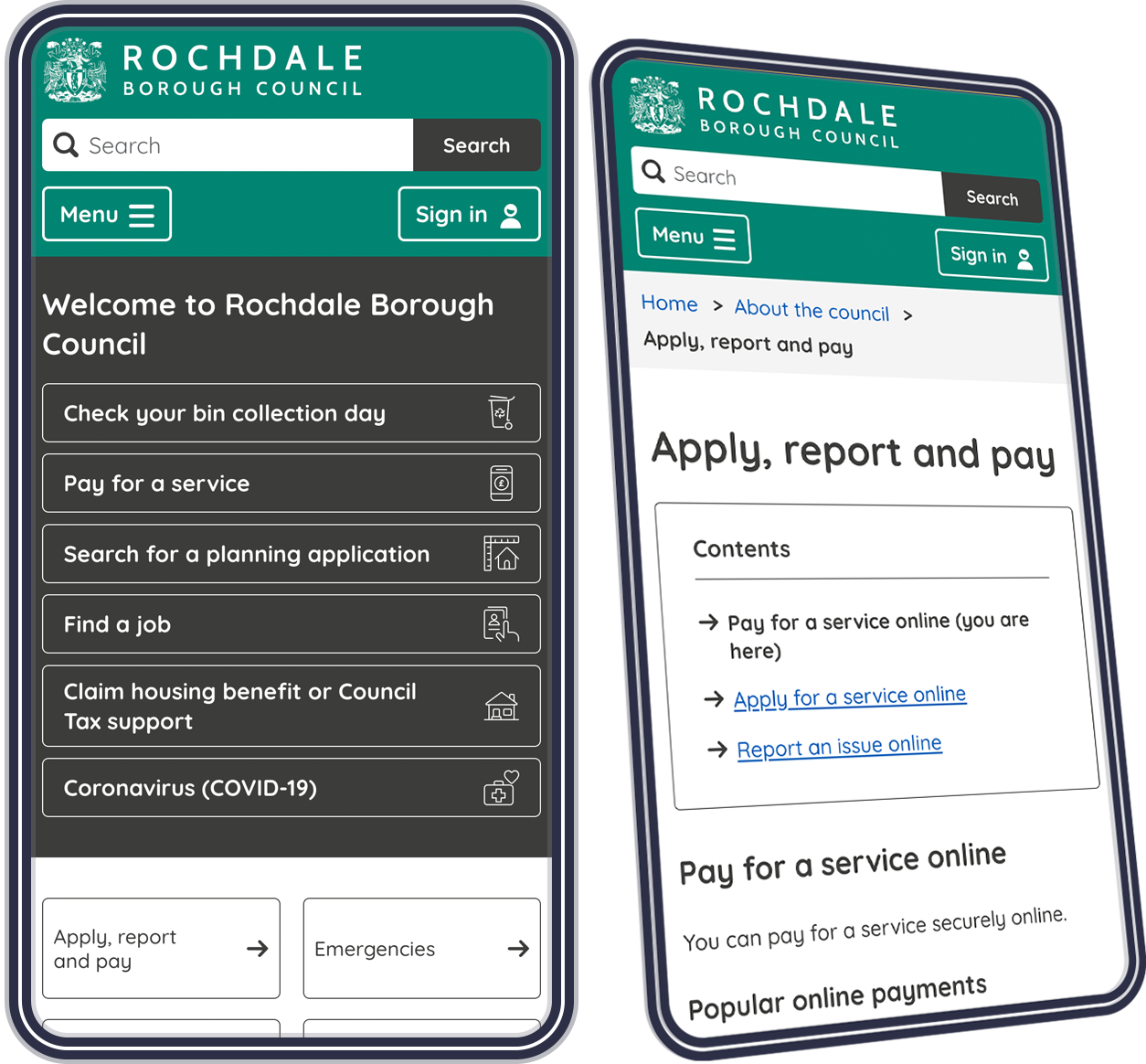 Rochdale council website on a mobile device