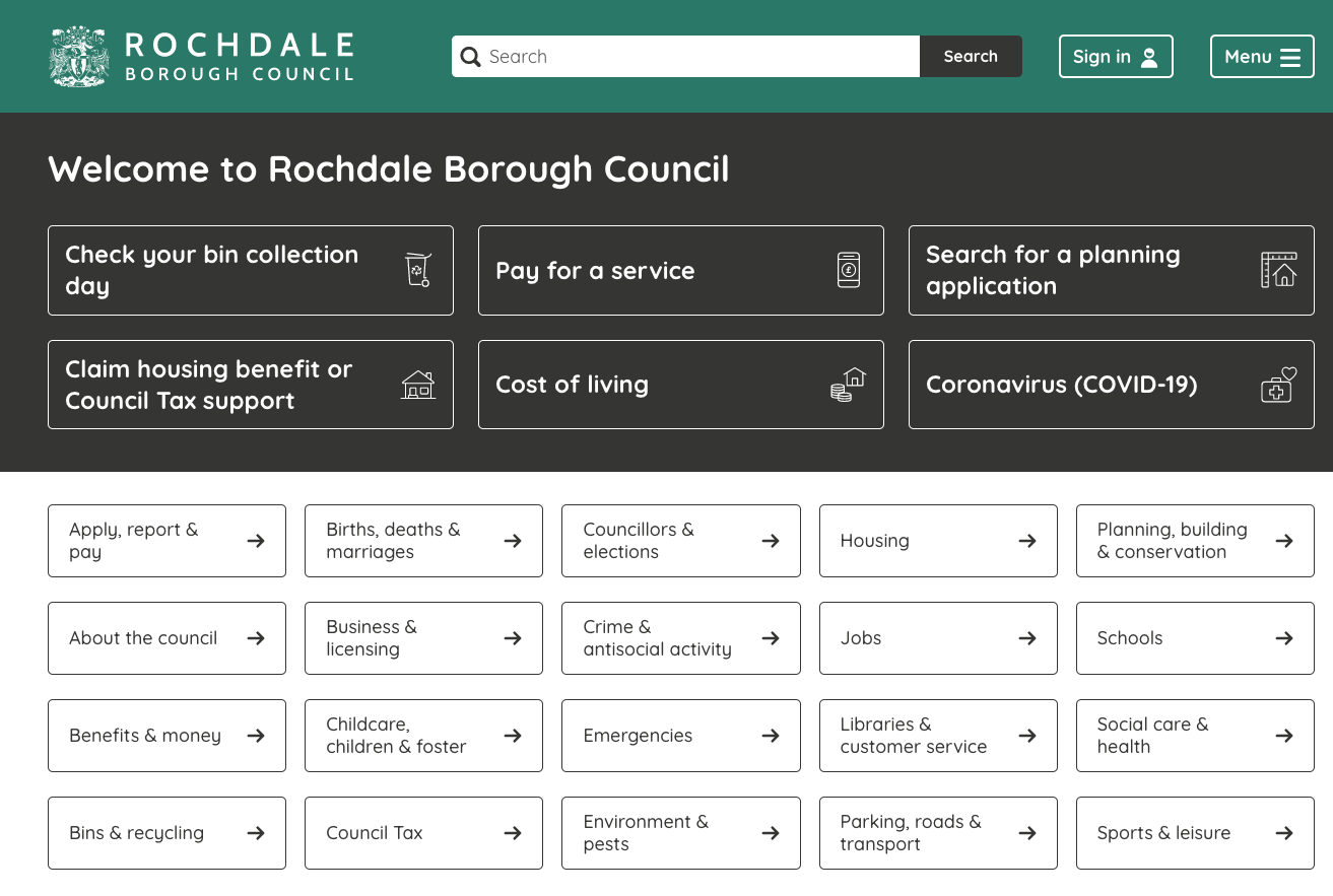 Rochdale borough council's website front page with a list of services.
