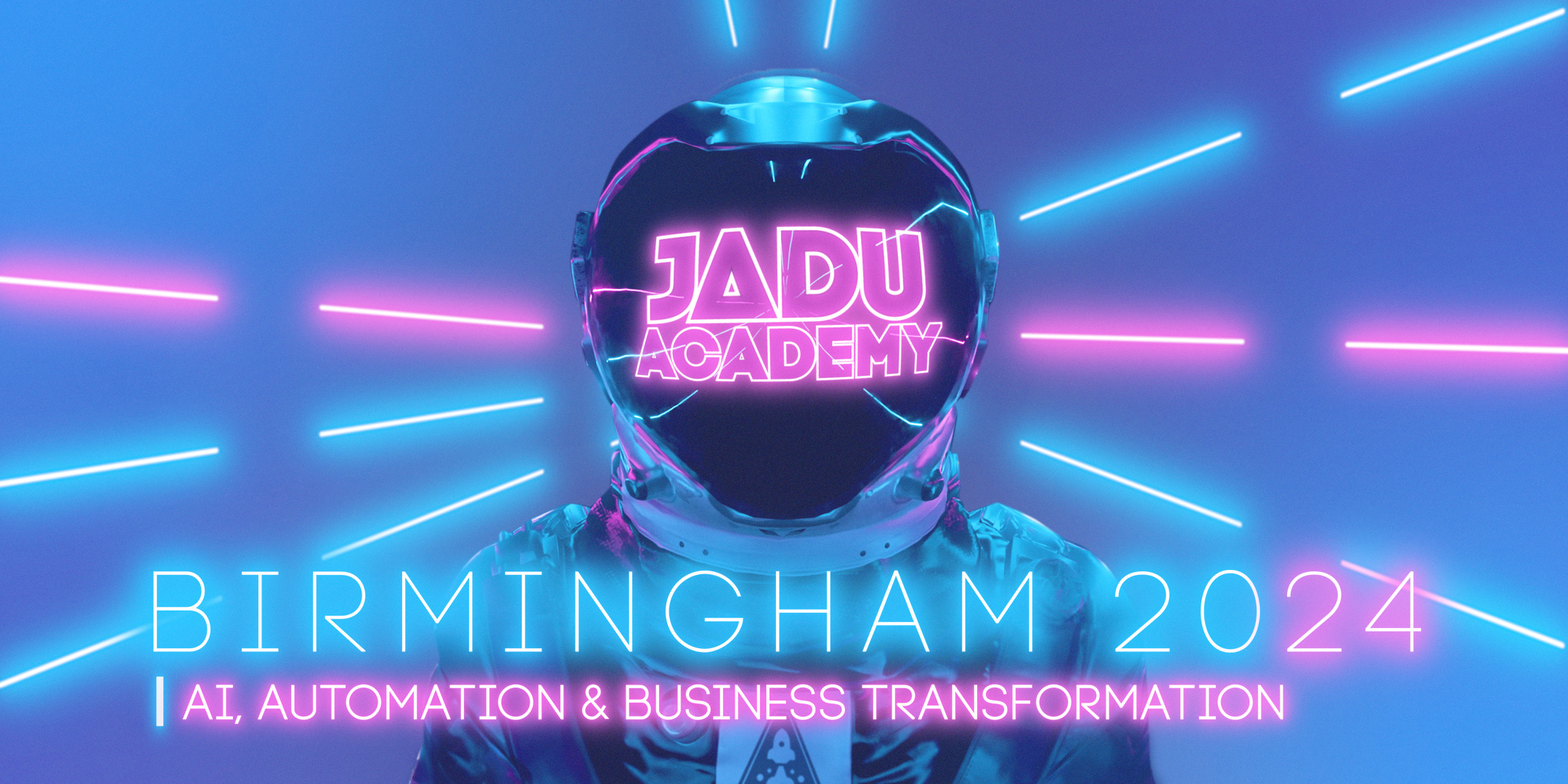 Jadu Academy logo with pink and blue lights
