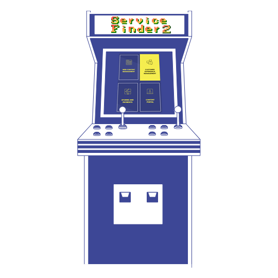 Retro games cabinet displaying 'Service Finder 2'