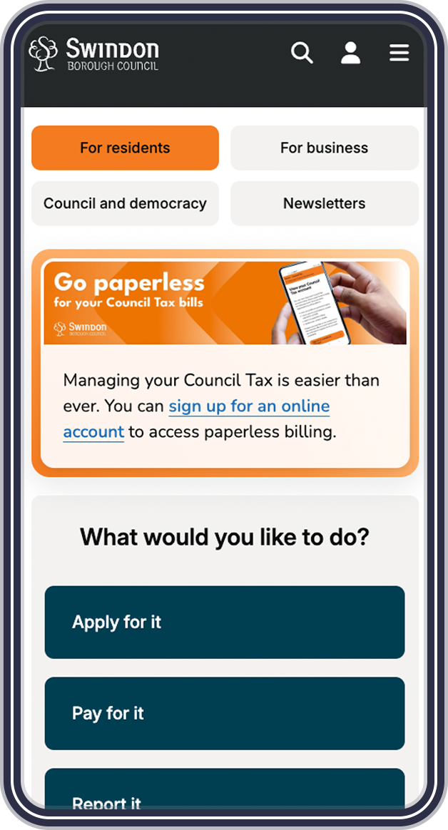 Swindon homepage on a mobile device