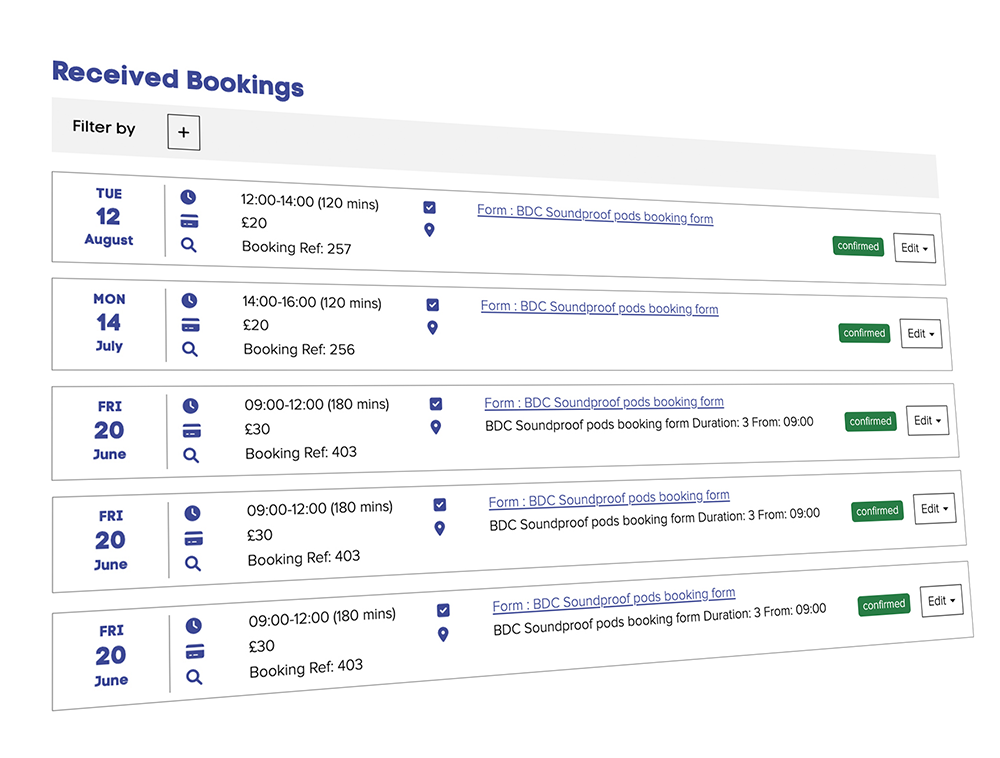 Tablet screenshot of flexible event booking system