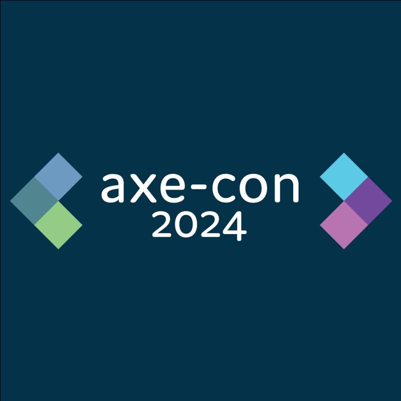 white texting saying axe-con 2024, on a navy blue background