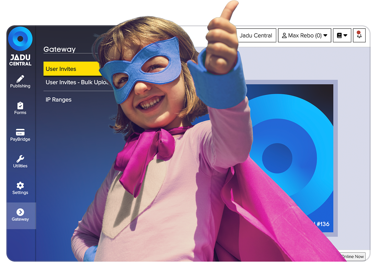 Jadu Central Gateway homepage, with a young superhero giving the thumbs up!