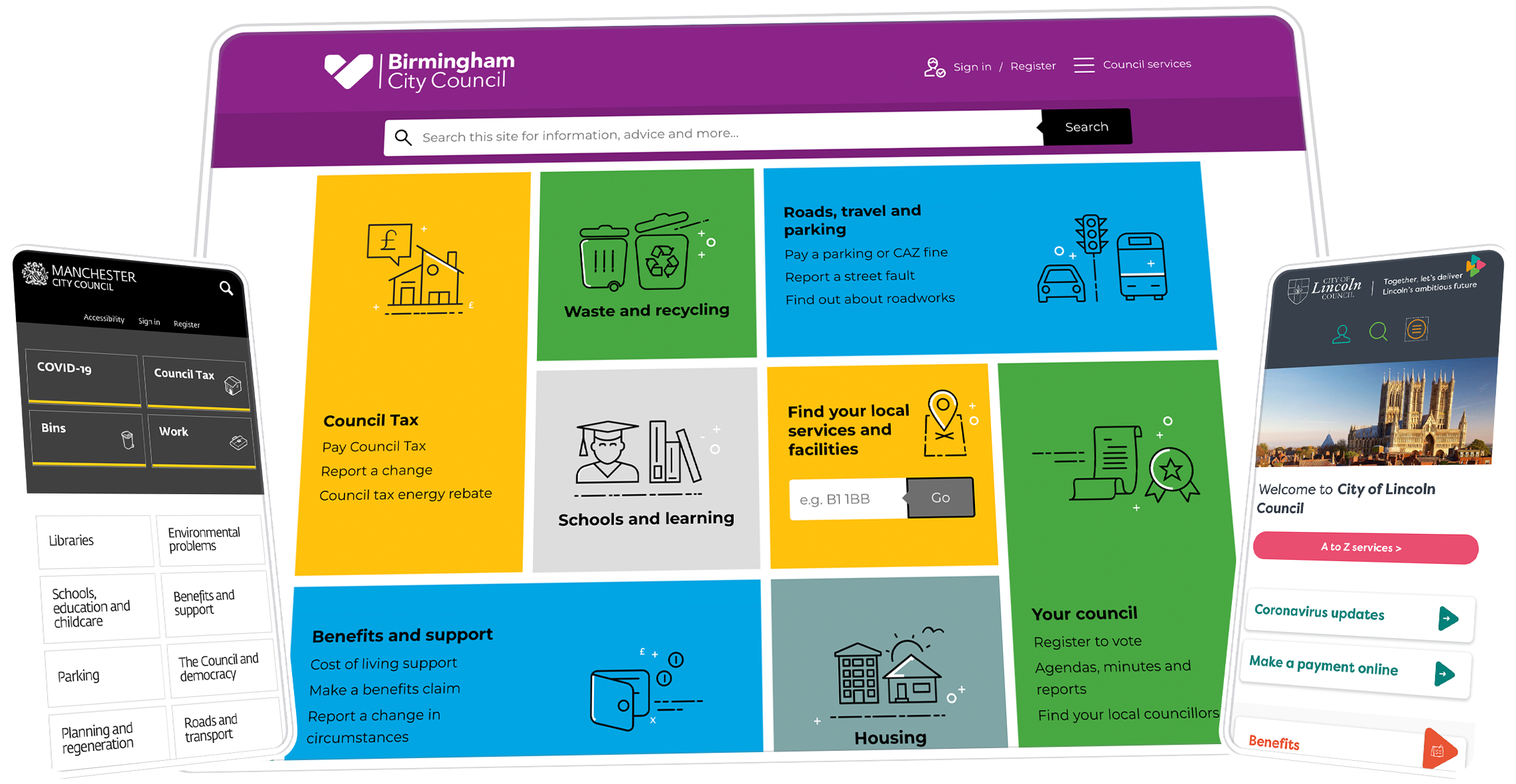 The homepages of Manchester, Birmingham and Lincoln councils