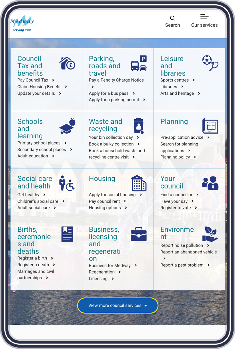 medway council homepage on a tablet