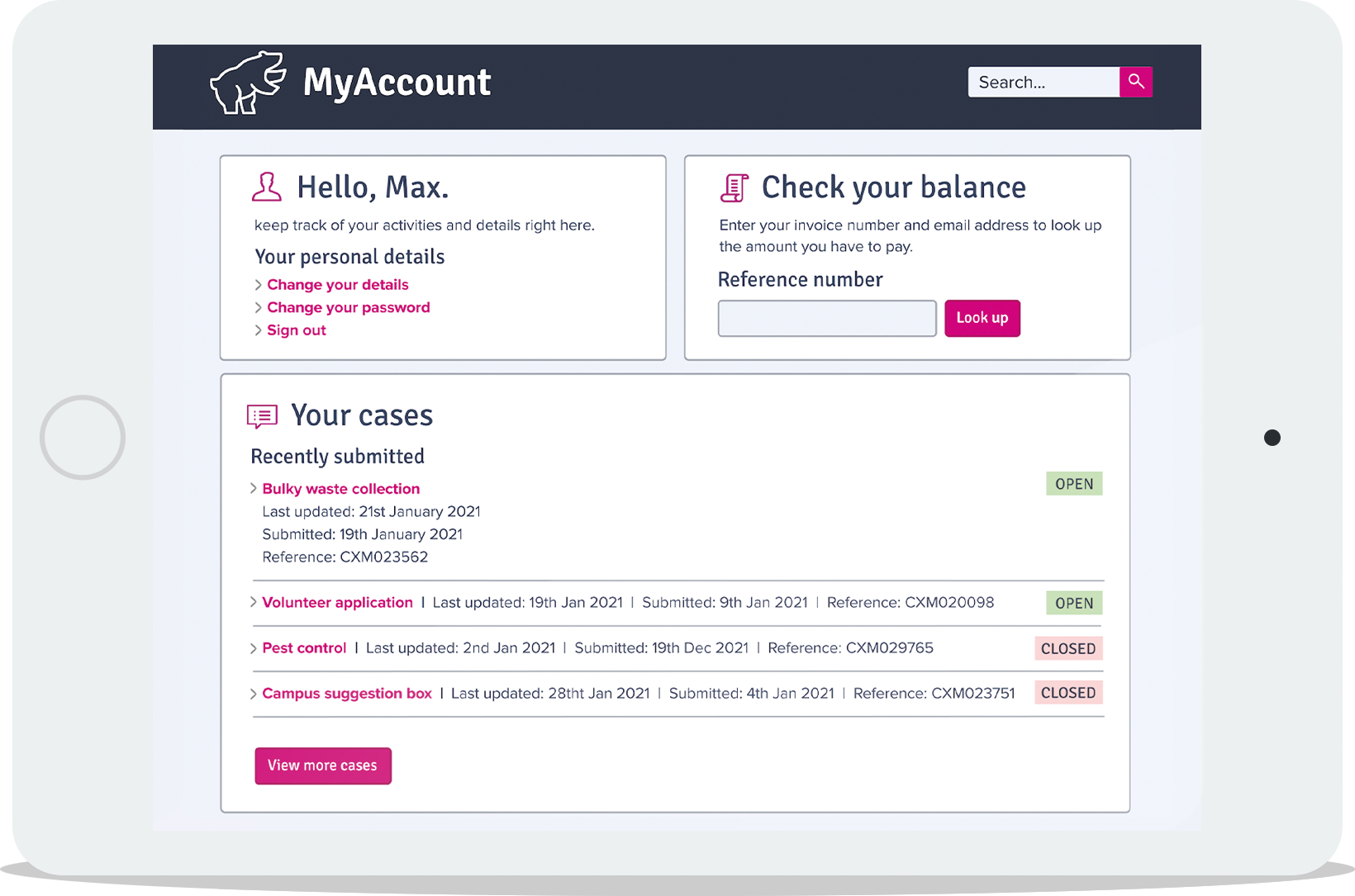 The Jadu my account web page displaying a customers cases