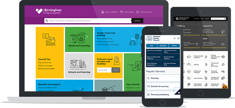 Screenshots of Birmingham City Council, Shetland Islands Council and Manchester City Council websites