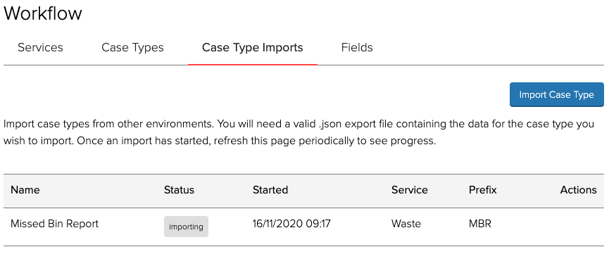 Case type imports list with importing state