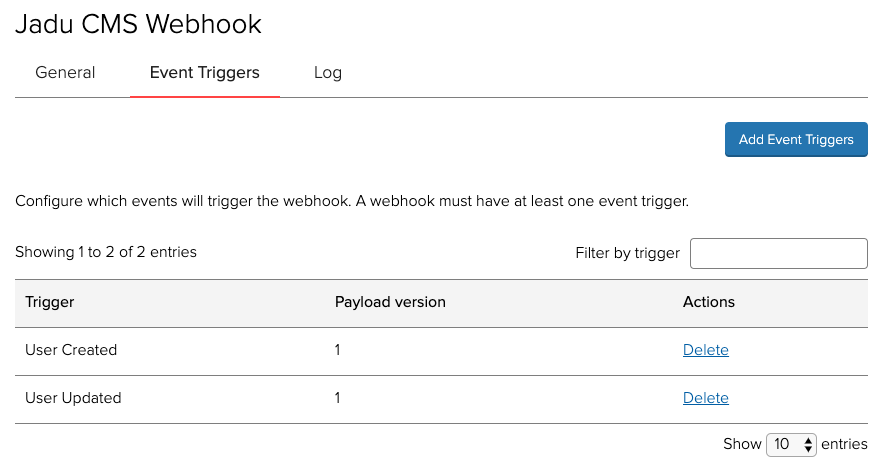 Webhook event triggers list