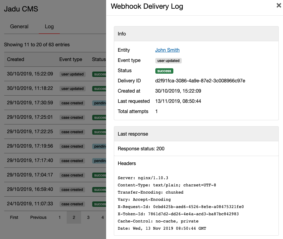 Webhook log details panel for a successful delivery