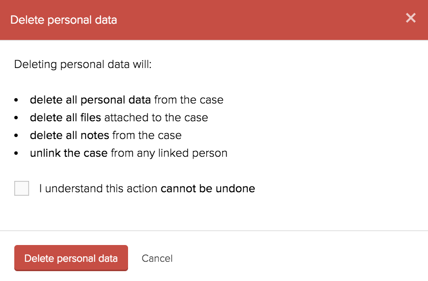 Delete personal data from a case confirmation